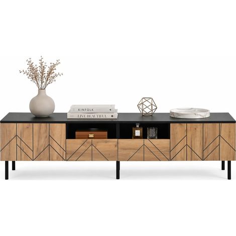 Meuble TV 180 x 40 x 45 cm avec 2 tiroirs et 2 portes, style moderne noir et bois clair, rangement salon, panneau de particules, CHICFURN (1/5)
