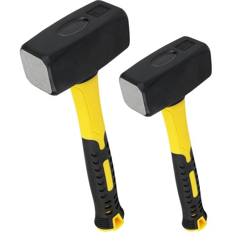 Lot de 2 maillets de 1500 g et 2000 g - Marteau de manutention - Marteau de pavage - Avec manche en fibre de verre - Pour maçonnerie, outils ménagers, chantiers (1/5)