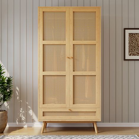 Armoire penderie 90x45x183 cm, dressing naturel avec 2 portes en rotin PE, tringle et rangement inférieur rabattable