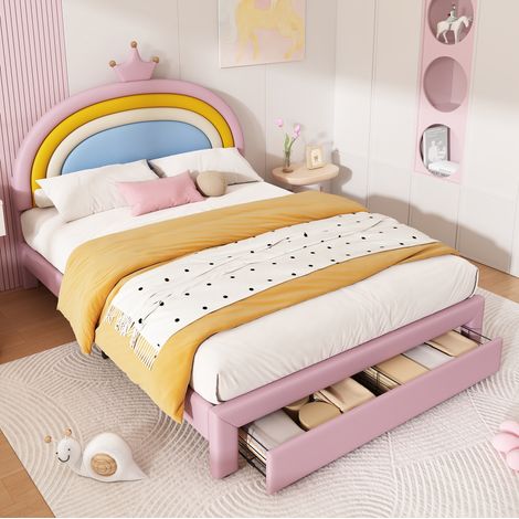 Letto per bambini 140x200 cm in PU rosa con testiera regolabile e contenitore - MEUBLIV (1/5)