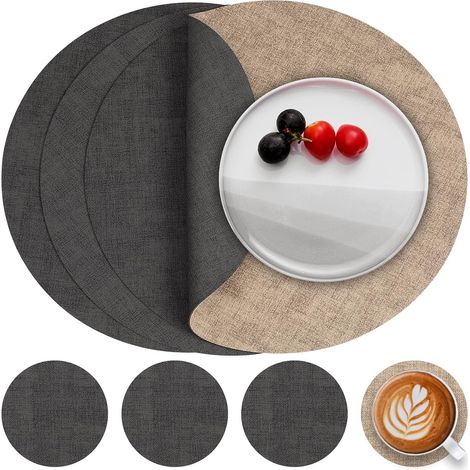 Juego de 4 manteles individuales redondos de piel sintética de doble cara + posavasos, lavables y resistentes al calor, color gris beige. (1/5)