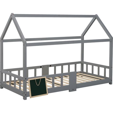 Cama cabaña infantil 90 x 200 cm con pizarra, gris, HOMVRA (1/5)