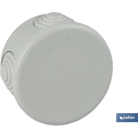 Caja estanca de superficie redonda con 4 conos Ø70x35mm IP55 con tapa redonda y roscada fabricada en termoplástico color blanco