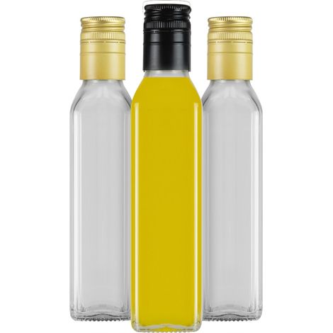 10x Bottiglie MARASCA QUADRATA TRASPARENTE 250 ml per olio d'oliva, tinture, vino, succo (1/5)