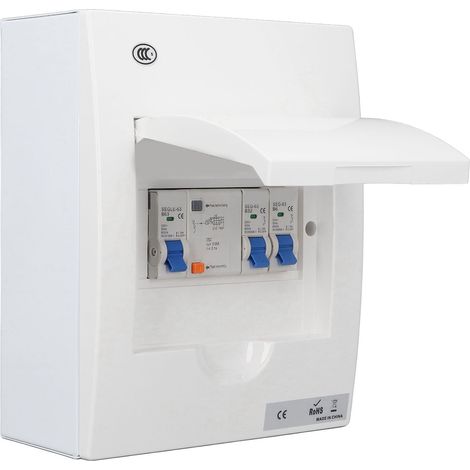 Boîte de distribution intérieure 2 disjoncteurs (B6A + B32A) + disjoncteur différentiel (63A 1P + N) 2 voies pour garage ou usine, style britannique 230 V (1/5)