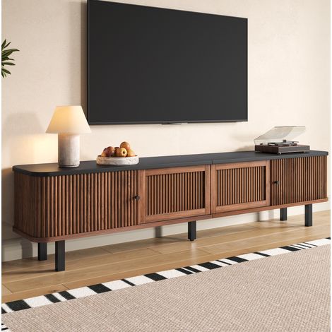 Meuble TV moderne avec portes coulissantes et façades à grille 190 x 35 x 45 cm MDF noyer (1/5)