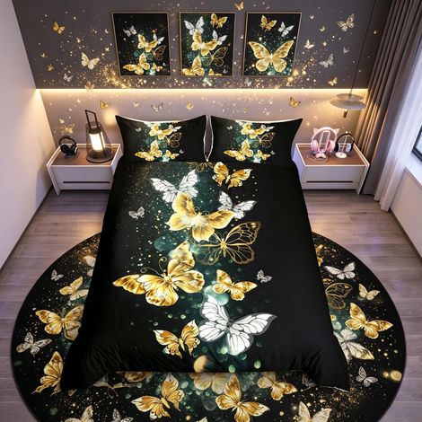 Parure de lit king size avec housse de couette motif papillon doré et blanc - Décoration de chambre noire (1/5)