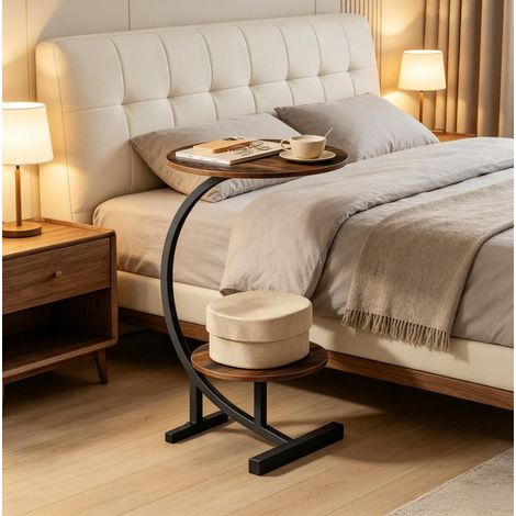 Mesa auxiliar redonda de doble nivel en MDF y metal, 66 cm, Rustic Brown (1/5)