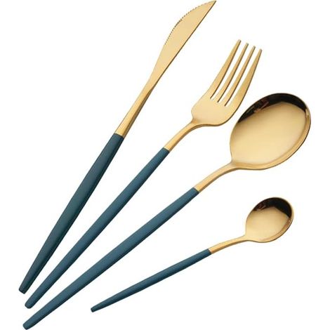 16 Pièces Couverts,Acier inoxydable,Or et Vert,Couteaux fourchettes cuillères,Pour 4 personnes