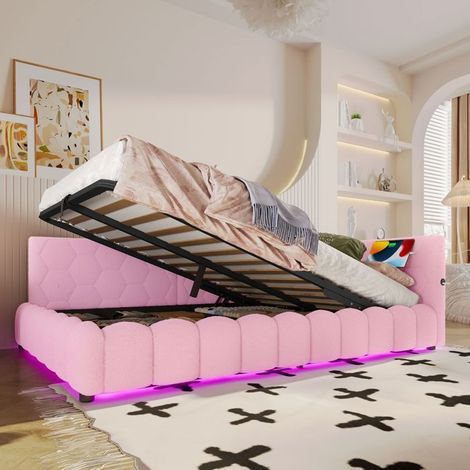 Lit banquette - SOGEU - 140x200 - Simili-polaire rose - Coffre hydraulique - LED multicolore + USB Type-C (1/5)