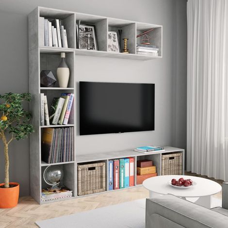 Ensemble bibliothèque/meuble TV 3 pièces, gris béton, 180 x 30 x 180 cm