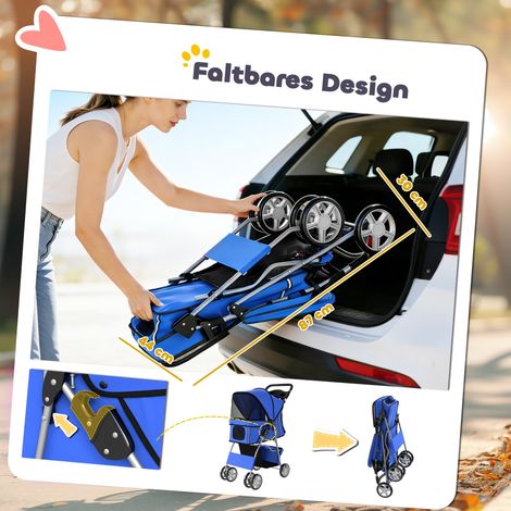Chariot pour chien et chat pliable jusqu'à 10 kg avec protection pluie, bandes réfléchissantes, panier de rangement 77x44x102 cm bleu (1/5)