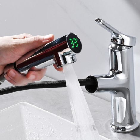 Detbom – Mitigeur lavabo avec douchette extractible – LED intelligent – Finition chrome – 2 modes de jet – Installation monotrou sur plage (1/5)