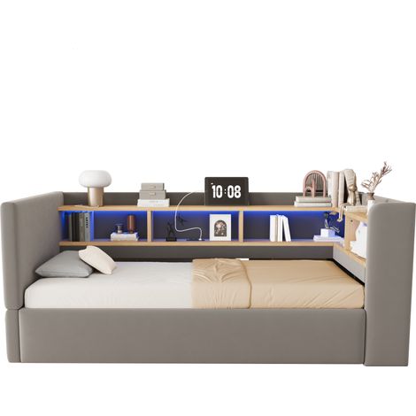 Canapé lit rembourré 90x190 cm gris foncé avec coffre hydraulique, LED, prises intégrées et rangements, lit simple multifonction (1/5)