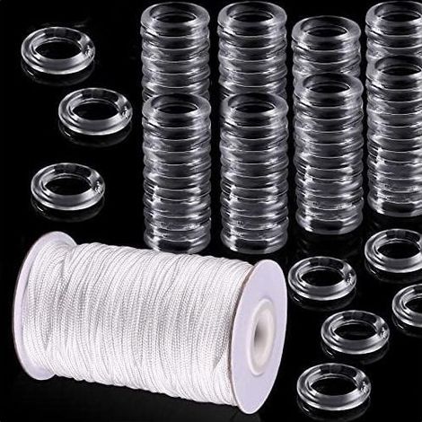 Lot de 100 anneaux de rideaux romains transparents et cordon de store romain de 50 m de 8 à 13 mm avec anneaux en plastique transparent de 1,8 mm Blanc tressé Cordon d'ombrage pour rideaux (1/5)