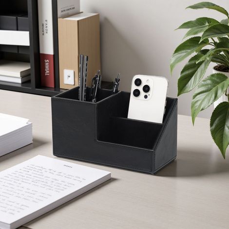 DEHOBO Organiseur de bureau à deux compartiments en simili‑cuir, pot à crayons et rangement pour téléphone portable, rangement de bureau multifonction (1/2)