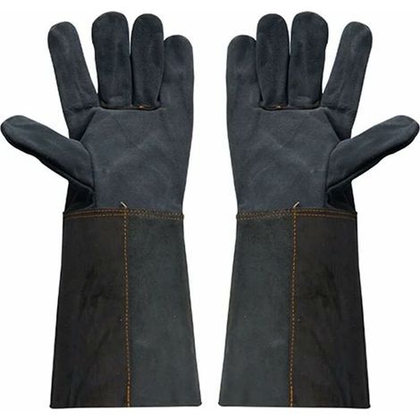 Guantes de soldadura de cuero auténtico para barbacoas. Guantes protectores de manga larga contra la fatiga. Largo: 38 cm. (1/5)