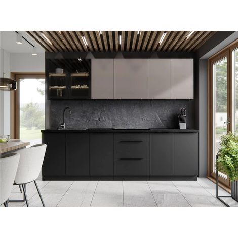 Azura Home Design – Cuisine complète Siena II 260 cm – 4 meubles hauts et 4 meubles bas – Finition noir mat et beige – Montage facile avec notice détaillée (1/5)