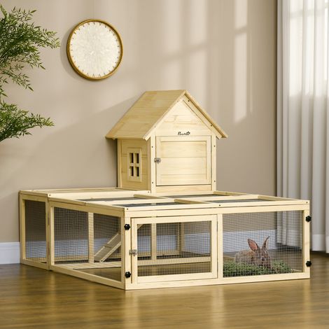Clapier à lapins à deux étages avec enclos en bois, espace de course, rampe et porte verrouillable. (1/5)