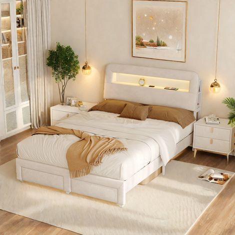 Lit coffre 140x200, tête de lit led avec ports usb, cadre de lit adulte avec sommiers à lattes et tiroirs, beige velours lit 2 places (1/5)