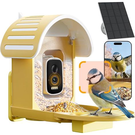 Bird Feeder Camera, 2.5K UHD Camera, Solar, Sensitive AI Identification, Instant Alerts, Video Recording, Waterproof IP66 Bird Feeder, Yellow (1/5)