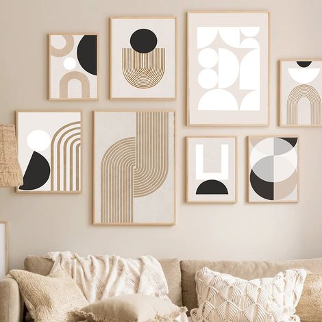 Ensemble de 8 toiles décoratives sans cadre, motif lignes géométriques abstraites et épurées, style nordique, pour salon et chambre. Décoration mural (1/5)