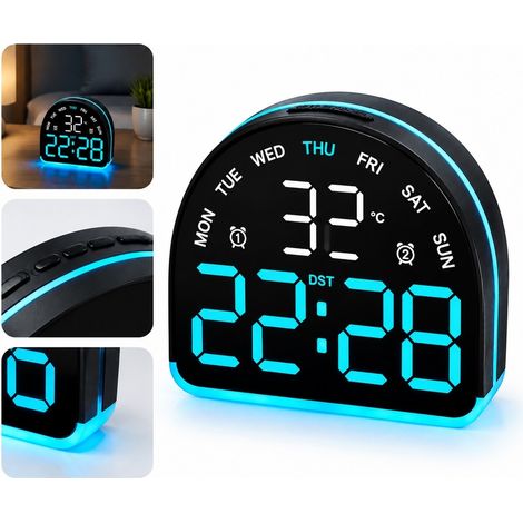 1 Piece Horloge LED Atmosphere Multifonction 10,5 x 3,6 x 10,5 cm 0,17 kg en ABS Noir avec Lumiere Bleue et Thermometre pour Bureau et Chevet (1/5)