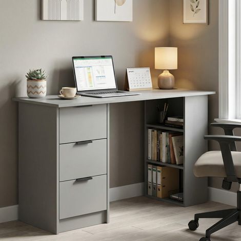Phoenix Computer Writing Desk with 3 Drawers & 3 Shelves Home Office - Grey (1/5)