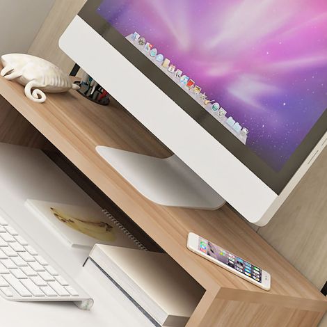 Support surélevé pour écran d'ordinateur LCD, étagère de rangement, support pour clavier et écran de bureau, finition noyer clair (1/5)