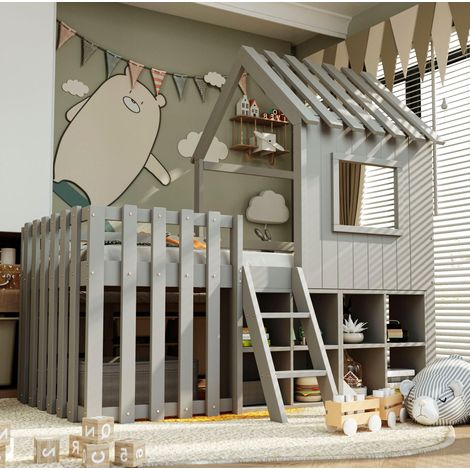 CHICFURN Letto casetta 90x200 cm grigio in legno con vano aperto e scala, senza materasso (1/5)