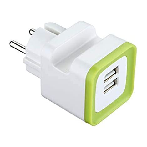 Electraline 570072 Mini adattatore con due porte USB, output 2.4A GummyLine, con supporto per cellulare, spina schuko, colore verde (1/2)