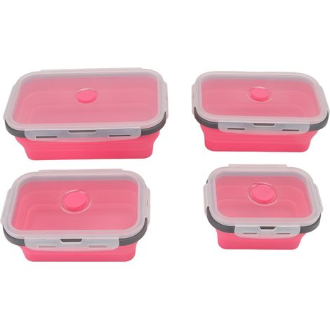 4-teilige, faltbare Silikon-Lunchbox, tragbarer Speisebehälter für Mittagessen für Männer und Frauen, Rot und Rosa (1/5)