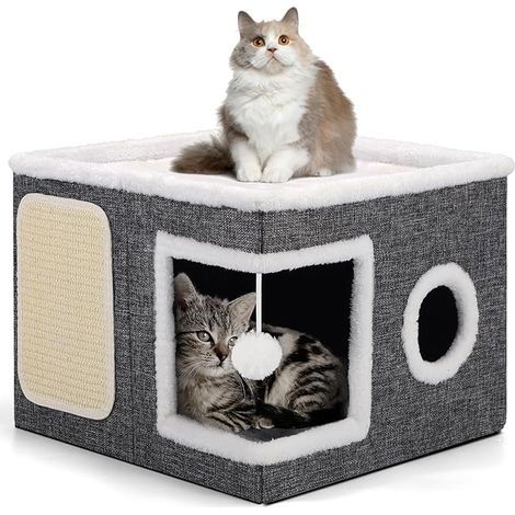 Lits d'intérieur Pliables pour Chat, 43 x 43 x 32 cm, Grande Maison pour Chat avec Niche Confortable, Boule Suspendue, fenêtre Ronde, Cube pour Chat à 2 Niveaux avec Coussins Doux Double Face, Gris (1/5)