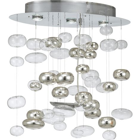 Plafonnier moderne métal et verre 3xGU10 50W – Compatible LED – Hauteur 68cm – Ø 60cm – Finition chromée pour intérieur – Sampa (1/2)