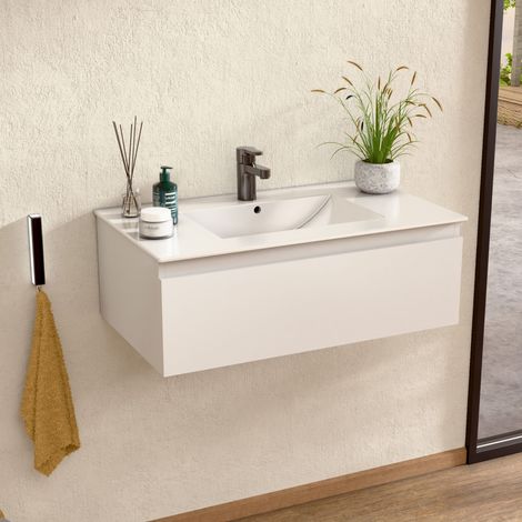BELLOBATH – Hängender Badezimmerschrank mit Keramikwaschbecken, Badezimmerschrank mit 1 Schublade, 60 x 27 x 46 cm, weißer Schrank (1/5)