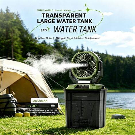 Ventilateur brumisateur rechargeable 20 000 mAh – 7 litres – 3 buses – Télécommande – Pour camping et terrasses – Couverture 360° (1/4)