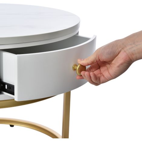Ensemble de tables basses gigognes de style moderne : Finition marbre haute brillance — Comprend deux tables basses rondes et une table d'appoint gigogne.
