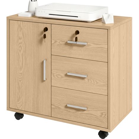 Caisson bureau meuble de rangement verrouillable avec 3 tiroirs et étagère réglable, roulettes, 40 x 60 x 56 cm, marron clair (1/5)