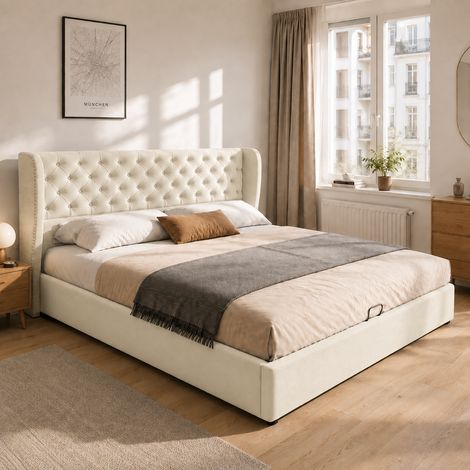 Lit double 160x200 en velours beige, tête de lit en forme d'oreilles, coutures capitonnées à gros boutons, sommier à lattes intégré, lit coffre hydraulique avec espace de rangement, revêtement en velo (1/5)