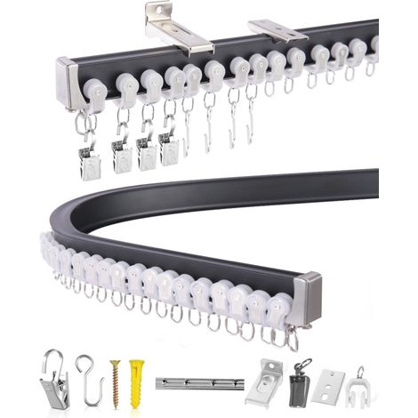 3m Flexible Rail de Rideau Plafond, En Aluminium Résistant Avec Kit De Fixation Complet Pour Baies Vitrées, Rideaux Et Pièces, Compatible Avec Une Fixation Murale Ou Au Plafond, Noir (1/5)