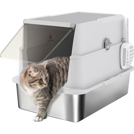 PawHut arenero para gatos de acero inoxidable XL cerrado con tapa abatible, borde alto, pala, fácil limpiar, antifugas, gris claro (1/5)