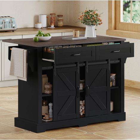 Isola cucina con piano pieghevole e ruote 2 ante scorrevoli 2 cassetti MDF nero OKWISH (1/5)