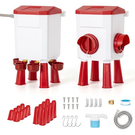 Mangeoire et Abreuvoir Poules, Mangeoire 8 kg avec 2 Ports, Abreuvoir Automatique 7 L avec 4 Bols, contrôlé par Flotteur, avec Tuyau en Acier Inoxydable, Pieds, Crochets en S, vis murales (1/5)