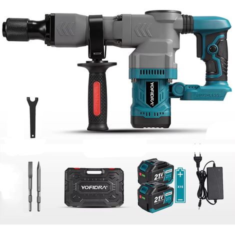 Marteau perforateur électrique sans balais, burineur démolisseur multifonction rotatif et ciselage, outil robuste compatible batterie Makita 18V, avec 2 batteries 4.5Ah set (1/5)