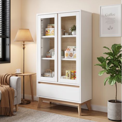 Buffet de rangement 80x40x150 cm avec étagères réglables et tiroir, blanc effet bois, pour cuisine et salon (1/5)