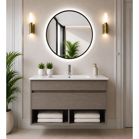 Badmöbel hängend mit Waschbecken extra flach ORIGENBATH NEBARI mit Schublade ohne Spiegel 70x40 cm Smoky-Eiche
