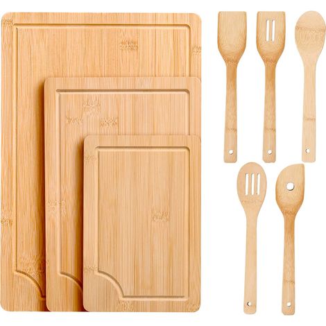 Set Taglieri In Bamboo – 3 Taglieri + 5 Utensili Da Cucina Inclusi