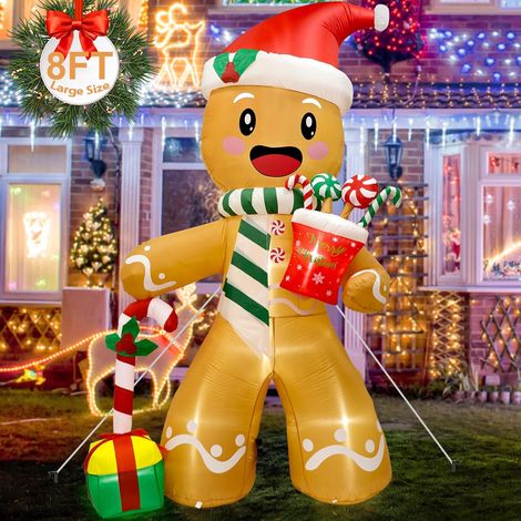 244 cm - Decorazione natalizia gonfiabile per esterni - Omino di pan di zenzero - Con luci a LED - Omino di pan di zenzero - Con regali di Natale per cortile, prato, giardino