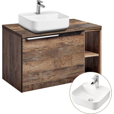 Waschtischunterschrank 80cm mit Regal & Keramikbecken PUEBLA-56 in Vintage Oak, B/H/T ca.: 80,4/63,5/46 cm (1/5)