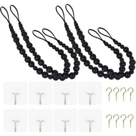 Lot de 4 embrasses de rideaux en perles de bois de style bohème avec crochets pour décoration murale, décoration de fenêtre pour chambre à coucher, salle à manger (noir, 4)